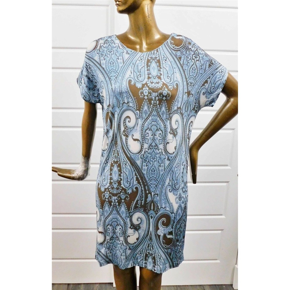 Etro Italy Blue White Multi Paisley Short Sleeve Tunic Dress sz 40